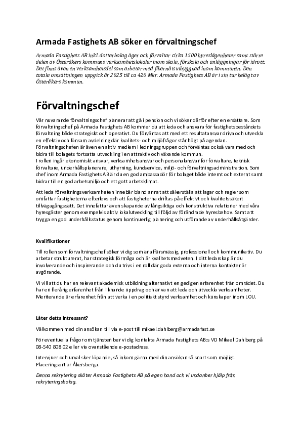 Annons Forvaltningschef Armada