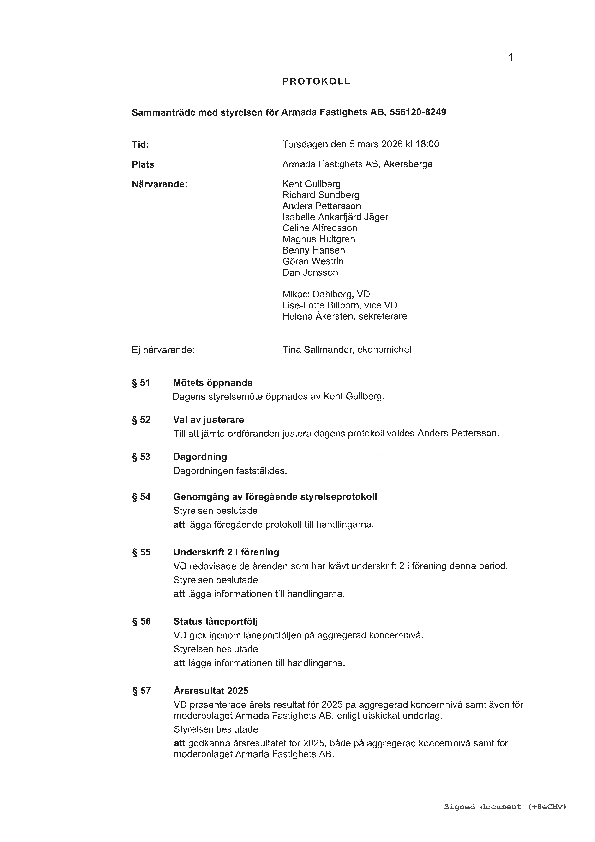 Mote 20260305 Sekretess Armada Fastighets AB signed